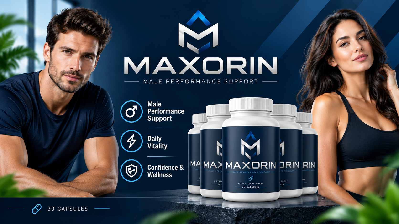 Maxorin Male Performance Support bottles with a confident couple